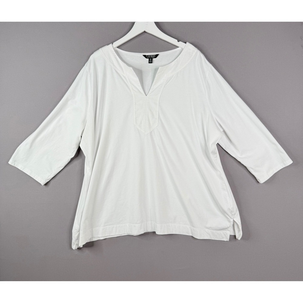 Lauren Ralph Lauren Top Women 3X White 3/4 Sleeve Cotton Split V-Neck Knit